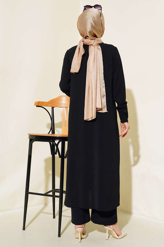 Front Hidden Buttoned Two-Piece Set Black