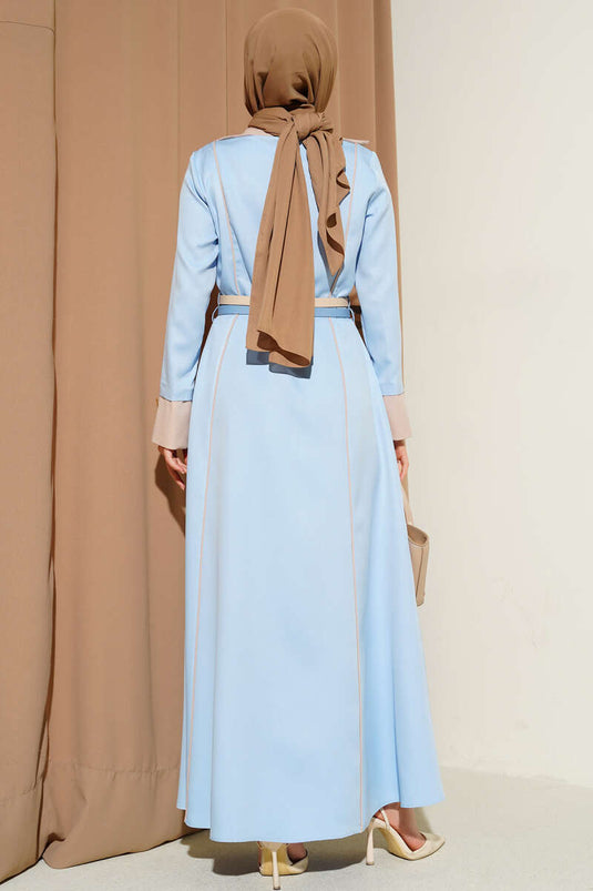 Önü Gizli Fermuarlı Çift Kemerli Elbise Bebe Mavi