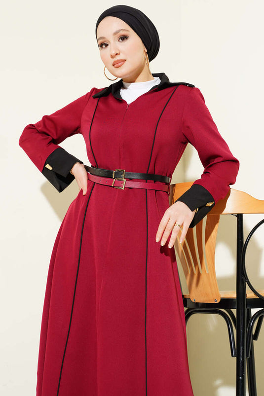 Önü Gizli Fermuarlı Çift Kemerli Elbise Bordo