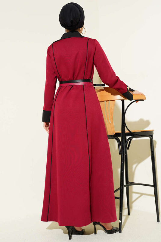 Önü Gizli Fermuarlı Çift Kemerli Elbise Bordo
