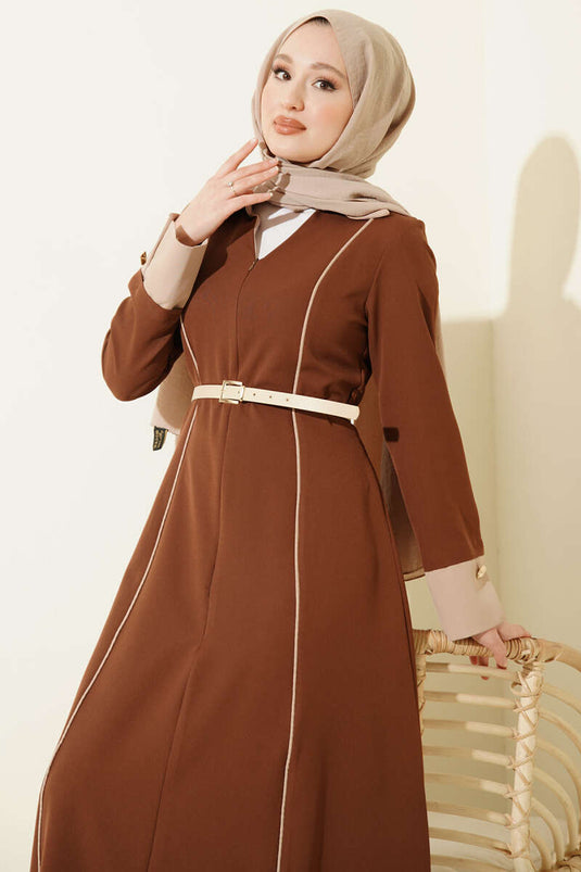 Dress with Hidden Front Zipper and Single Belt Brown