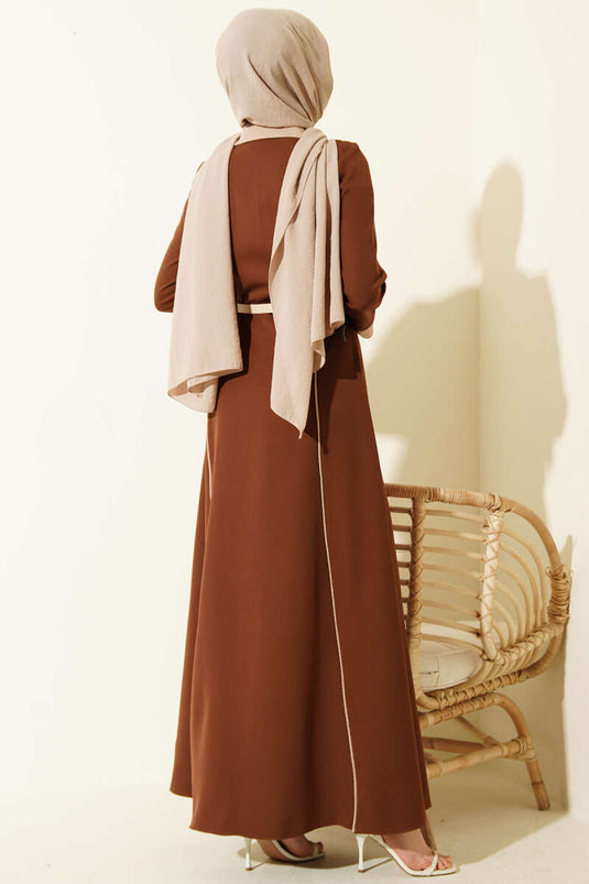 Dress with Hidden Front Zipper and Single Belt Brown