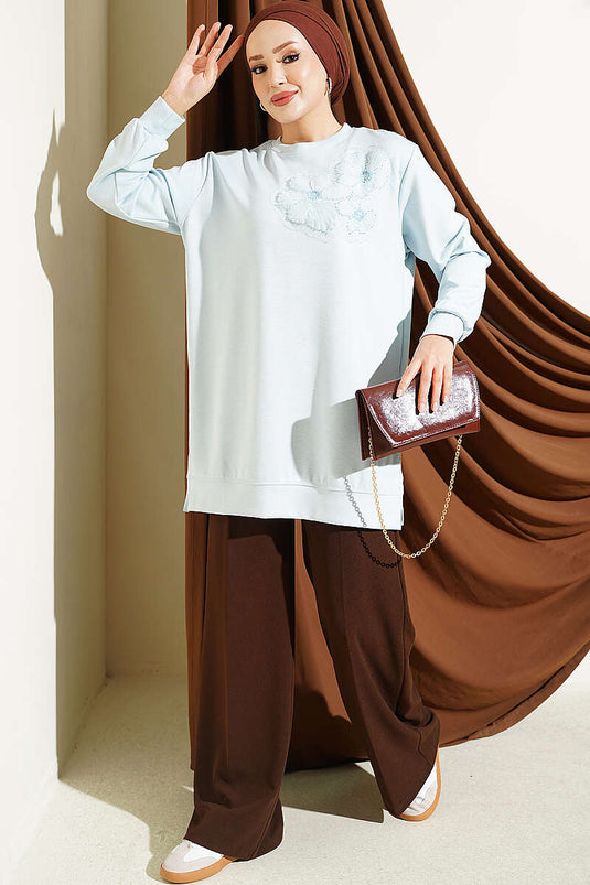 Baby Blue Embroidered Loysha Tunic With Rose Accessory