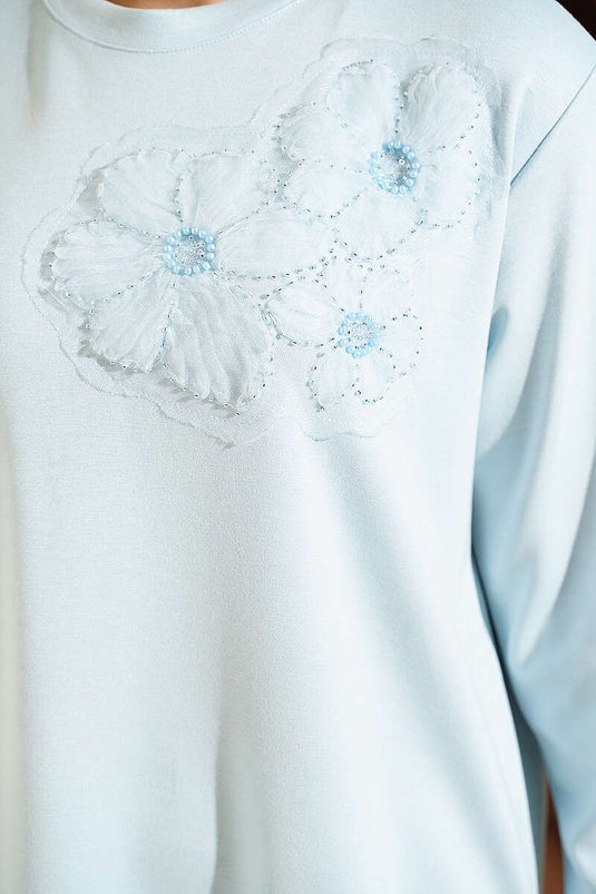 Baby Blue Embroidered Loysha Tunic With Rose Accessory