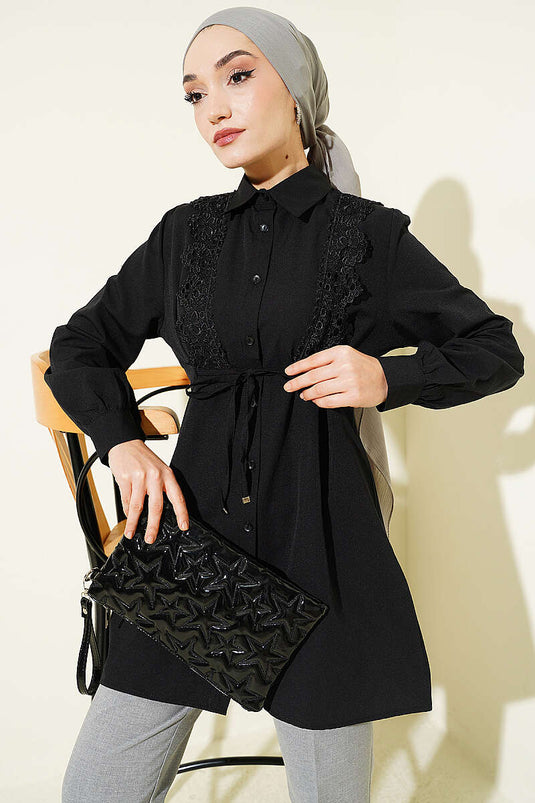Black Shirt with Lace Front Detail and Drawstring