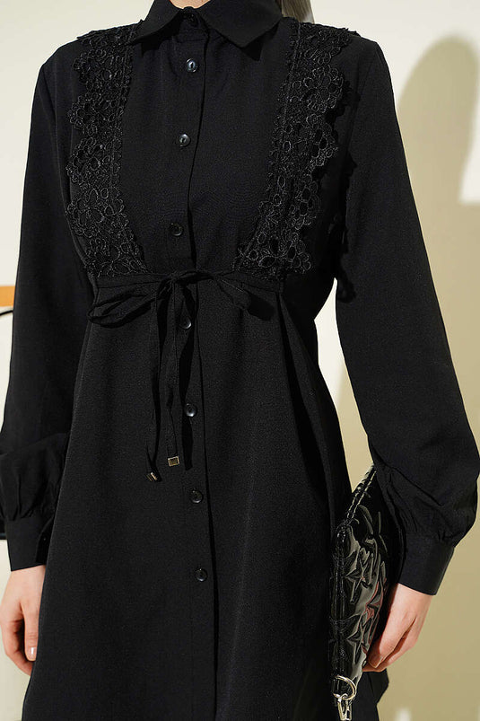 Black Shirt with Lace Front Detail and Drawstring