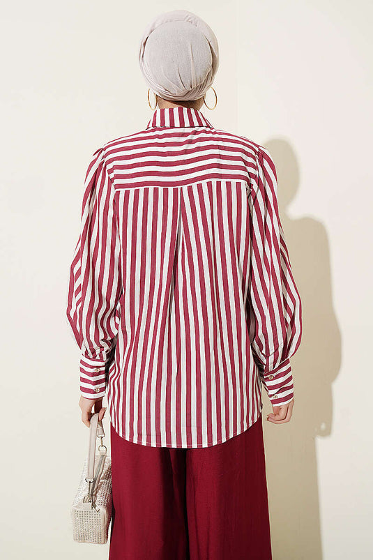 Camicia a righe con pizzo frontale, bordeaux