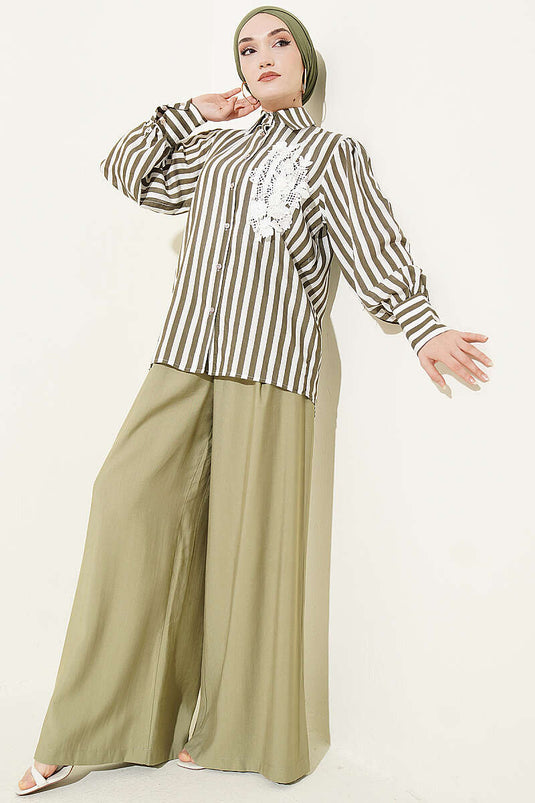Camicia a righe con pizzo frontale verde kaki