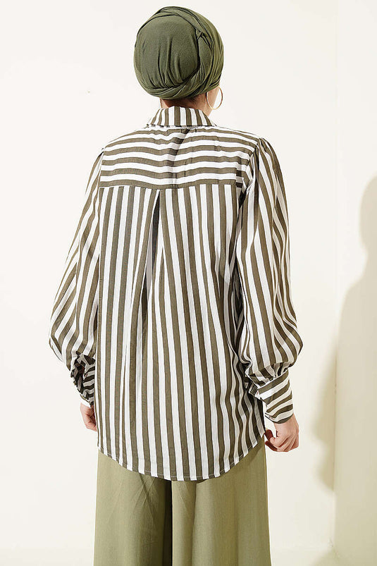 Camicia a righe con pizzo frontale verde kaki