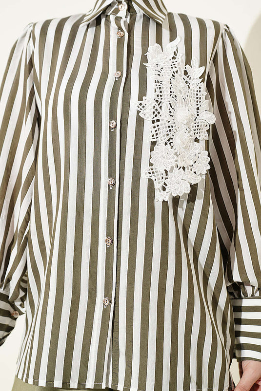 Camicia a righe con pizzo frontale verde kaki