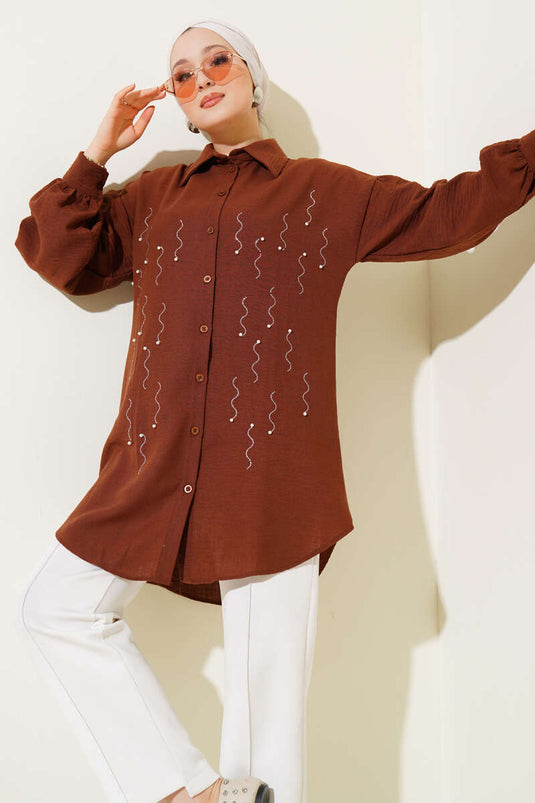 Pearl Embellished Front Shirt Brown