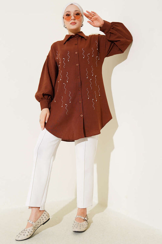 Pearl Embellished Front Shirt Brown