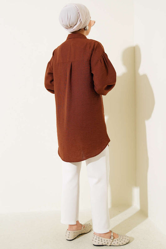 Pearl Embellished Front Shirt Brown