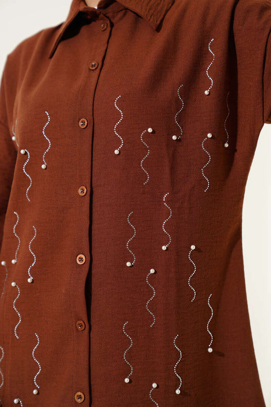 Pearl Embellished Front Shirt Brown