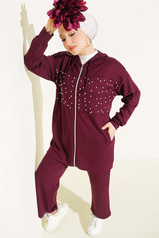 Front Pearled Zippered Two-Piece Set Loyşa Burgundy