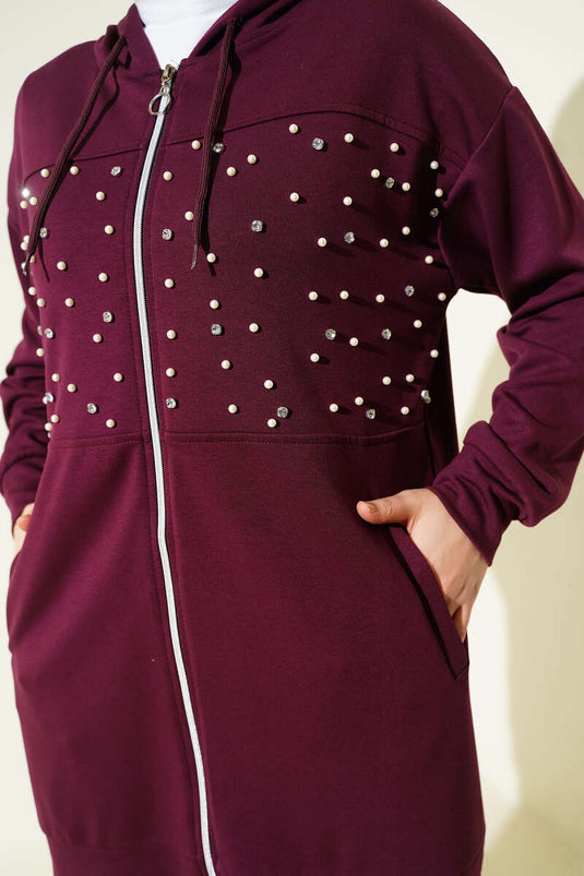 Front Pearled Zippered Two-Piece Set Loyşa Burgundy