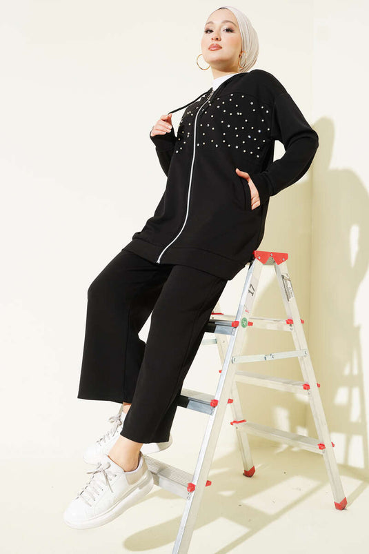 Önü İncili Fermuarlı Loyşa İkili Takım Siyah