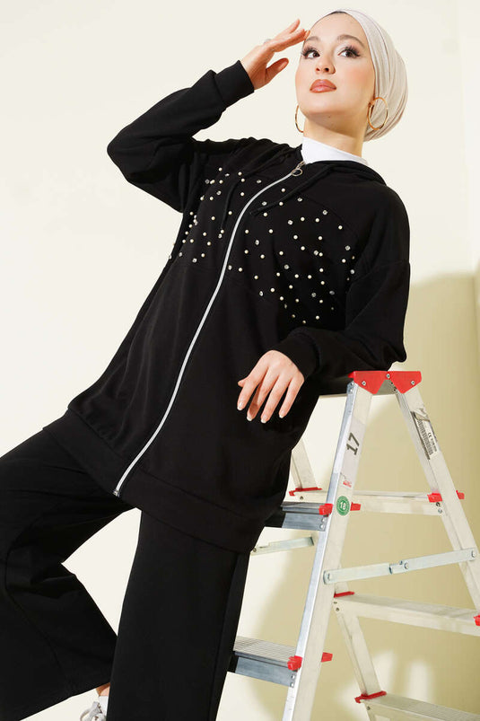 Önü İncili Fermuarlı Loyşa İkili Takım Siyah