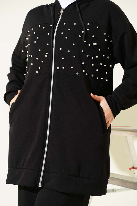 Önü İncili Fermuarlı Loyşa İkili Takım Siyah