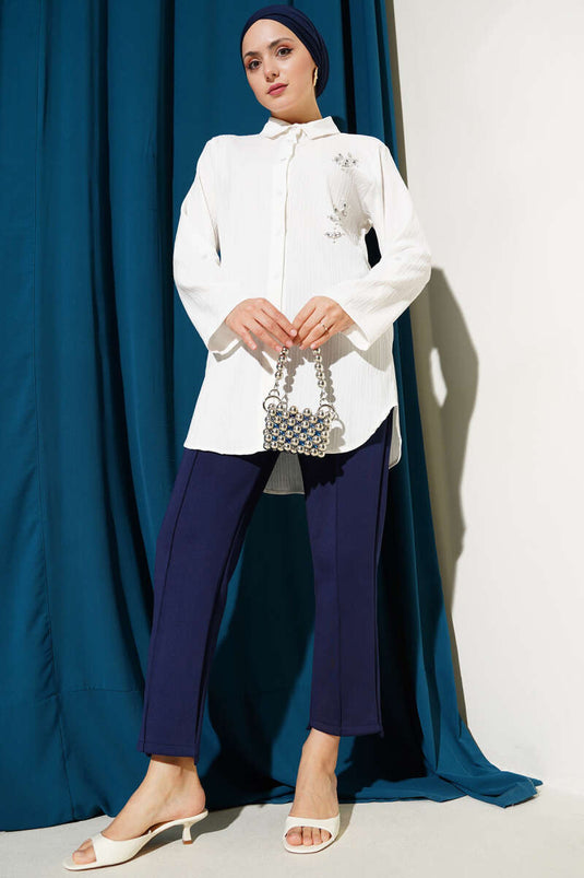 Pearl Front Embossed Striped Shirt White