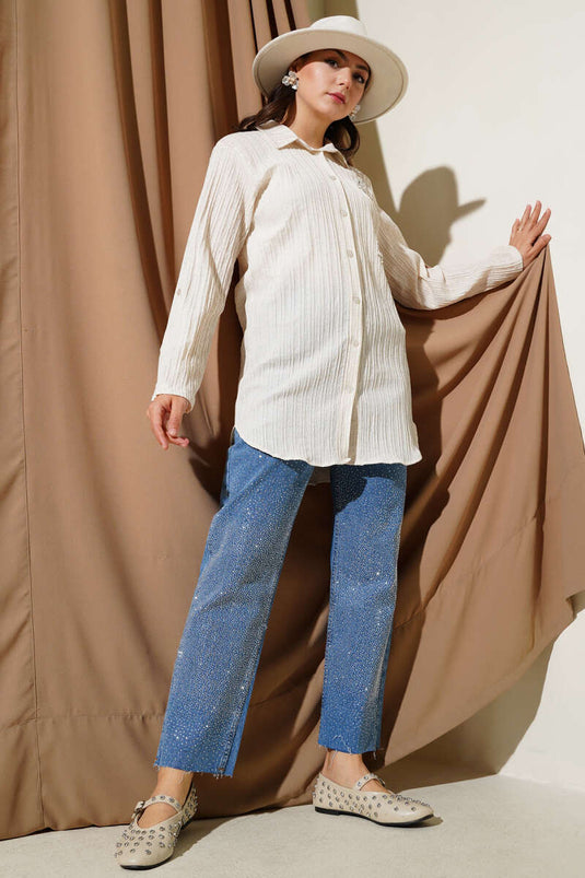 Pearl Front Embossed Striped Shirt Ecru