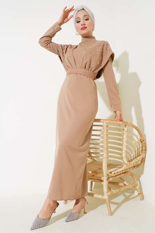Dress with a Pearl-Embellished Belt Latte