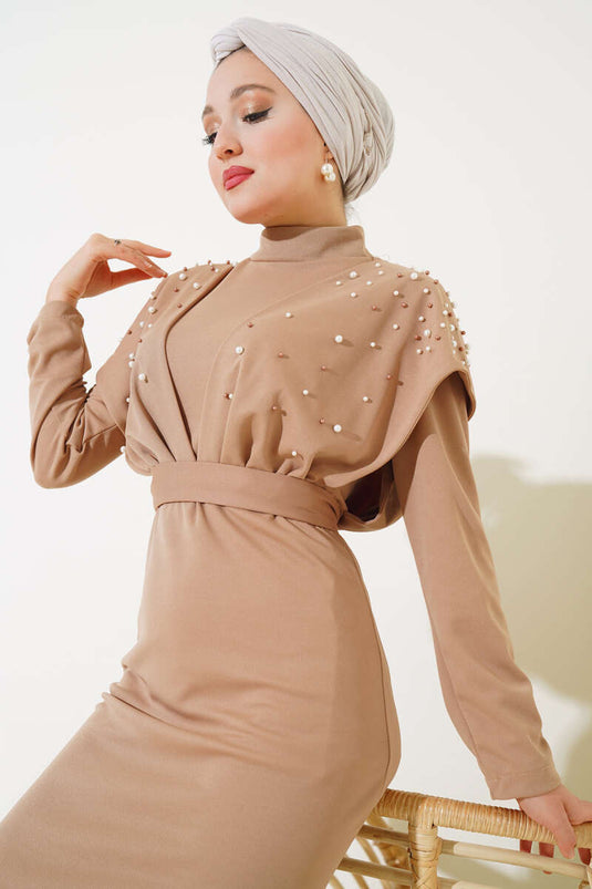 Dress with a Pearl-Embellished Belt Latte