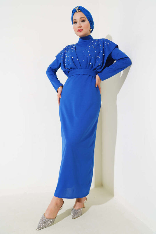Dress with a Front Pearled Belt in Royal Blue
