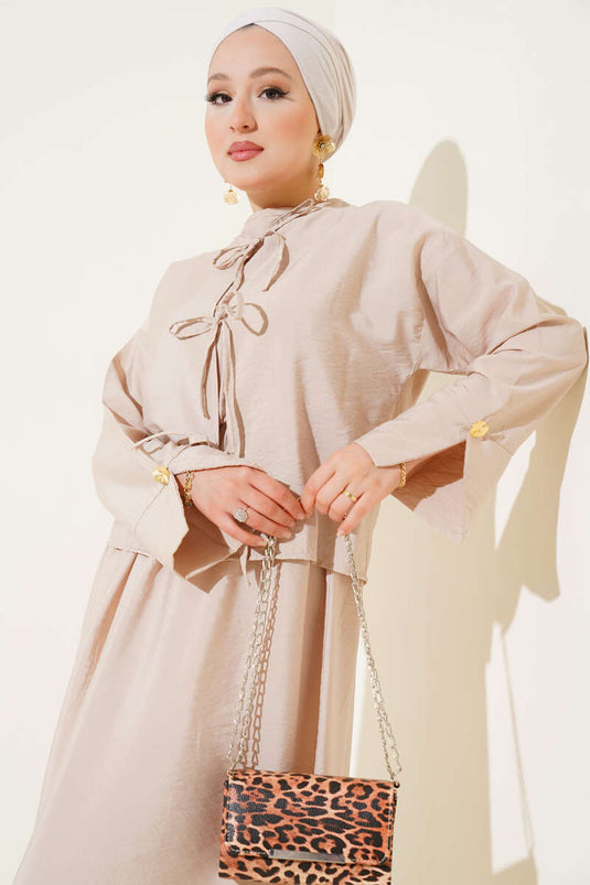 Beige Two-Piece Vest Set with Front Drawstring