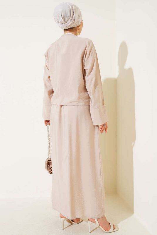 Beige Two-Piece Vest Set with Front Drawstring