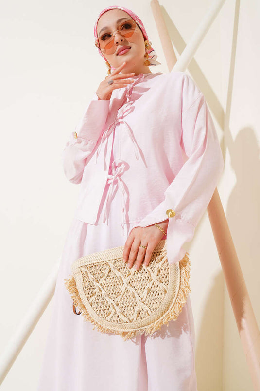 Pink Two-Piece Vest Set with Front Drawstring