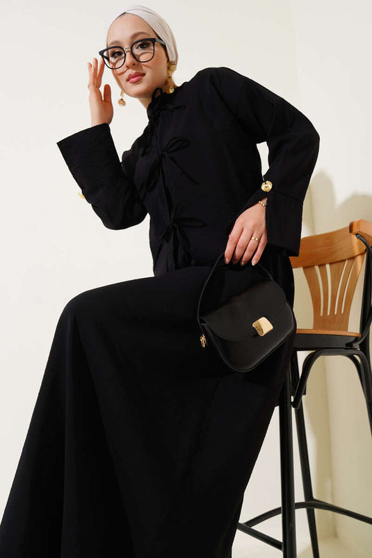 طقم صدرية من قطعتين برباط أمامي، أسود