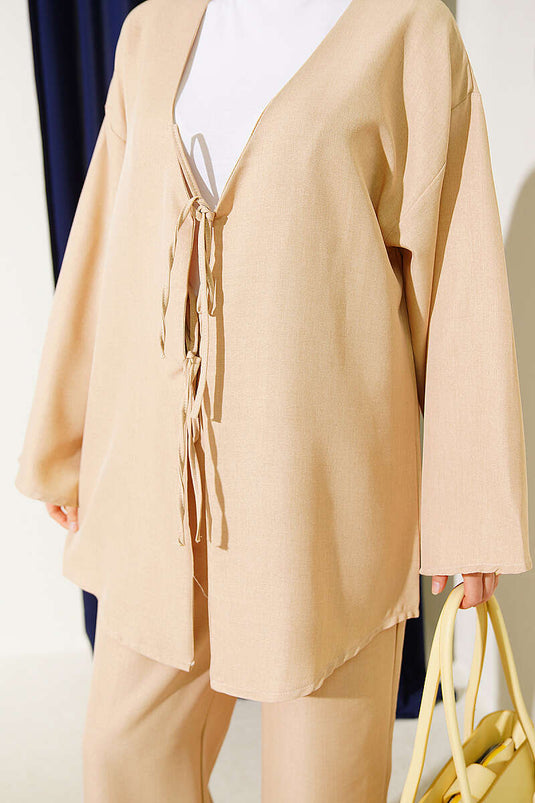 Beige Kimono Set Mit Bindegürtel