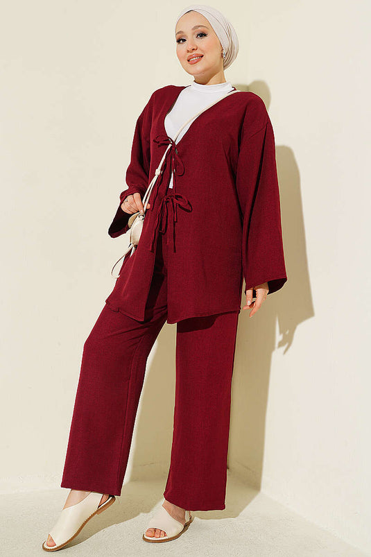 Bordeaux Kimono Zweiteiliges Set Mit Frontbindung