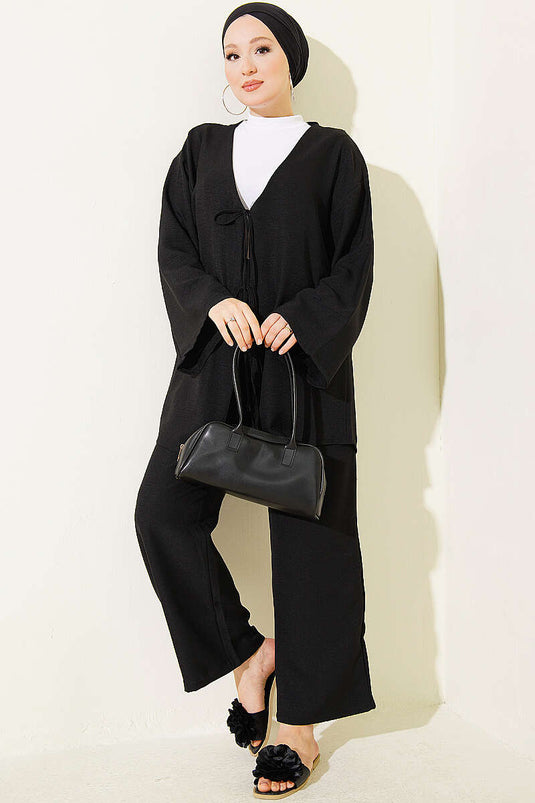 Black Kimono Set With Tie-Front Belt