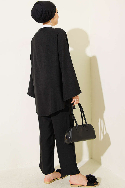 Black Kimono Set With Tie-Front Belt