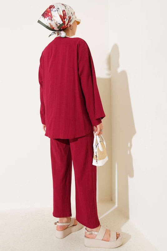 Front Drawstring Crinkle Two-Piece Set Burgundy