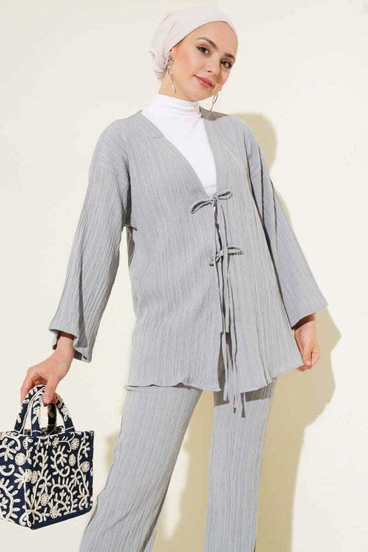 Front Rope Laced Crinkle Two Piece Set Gray