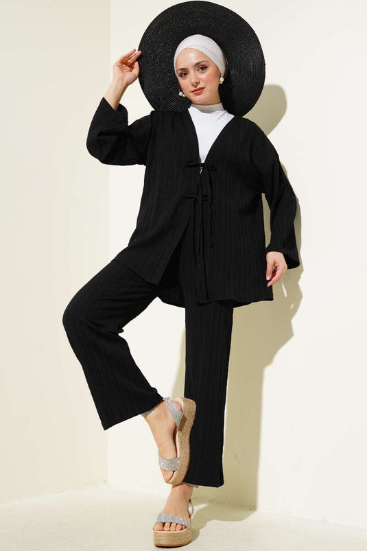 Front Rope Laced Crinkle Two Piece Set Black