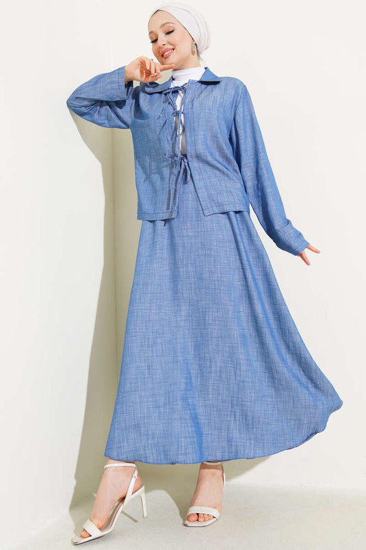 Front Rope Tied Tencel Skirt Suit Light Blue