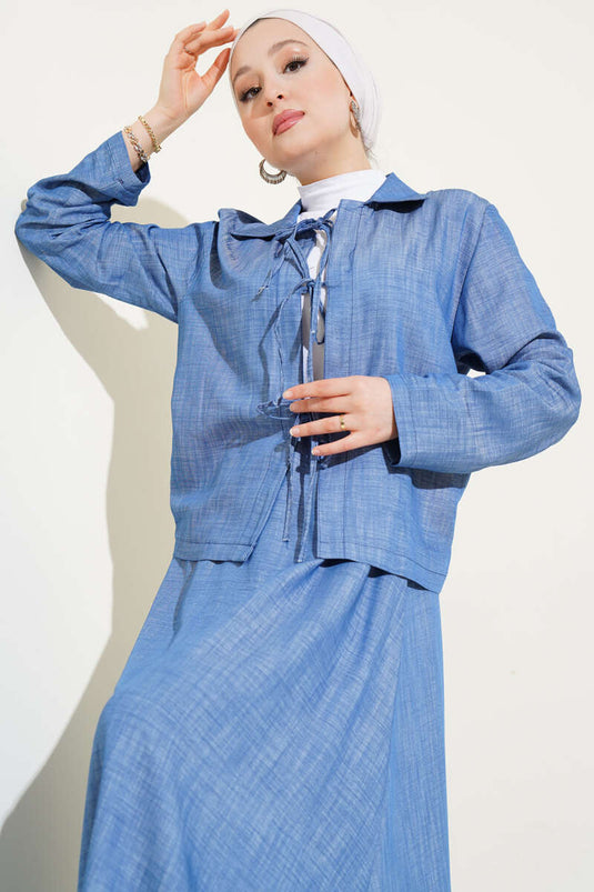 Front Rope Tied Tencel Skirt Suit Light Blue