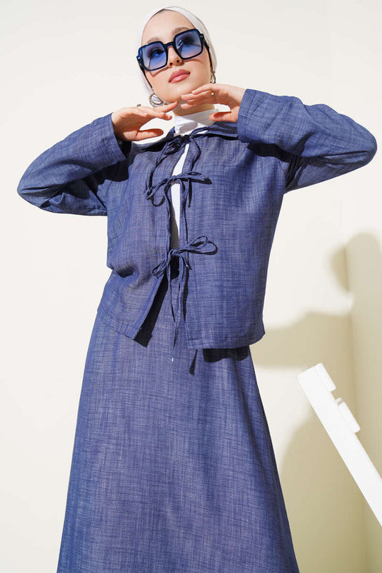 بدلة تنورة تنسل مربوطة بحبل أمامي، أزرق داكن