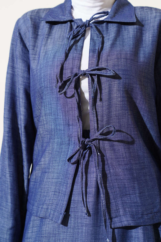 بدلة تنورة تنسل مربوطة بحبل أمامي، أزرق داكن