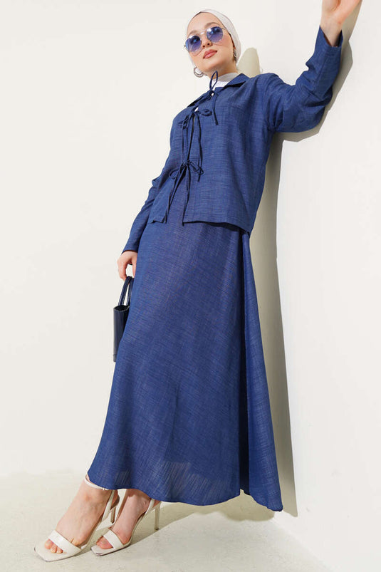 Front Rope Tied Tencel Skirt Suit Blue