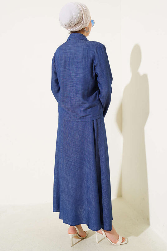 Front Rope Tied Tencel Skirt Suit Blue