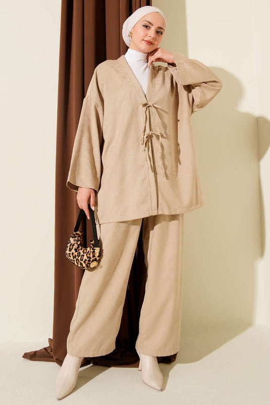 Front Rope Tie Detail Two-Piece Set Beige