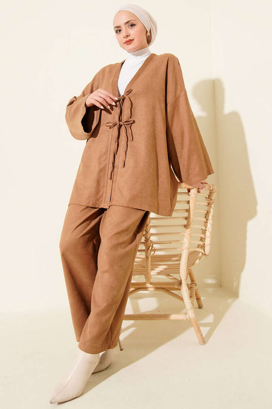 Front Rope Tie Detailed Two-Piece Set Camel