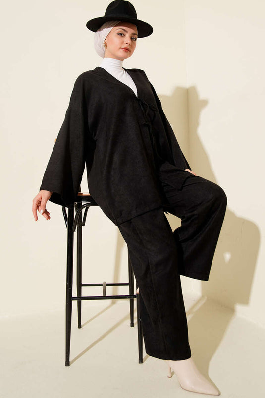 Front Rope Tie Detailed Two-Piece Set Black