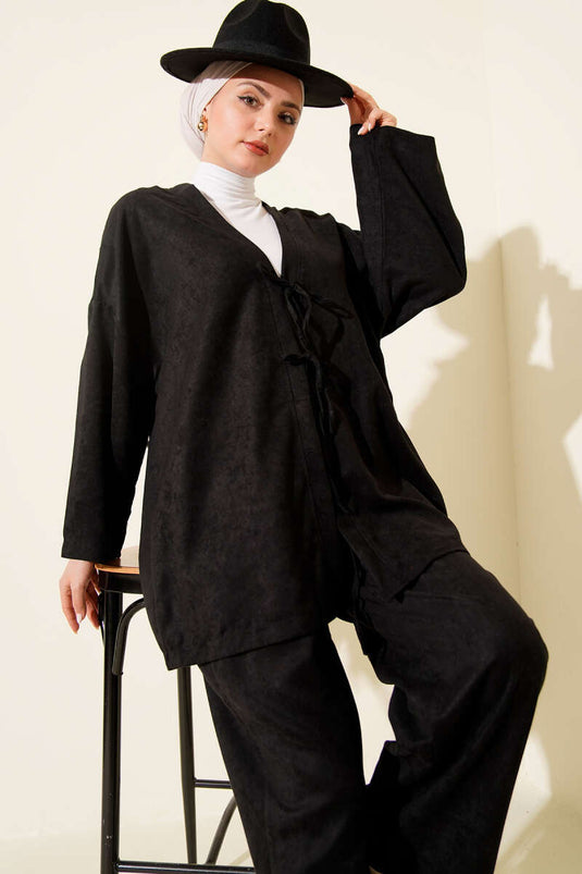 Front Rope Tie Detailed Two-Piece Set Black