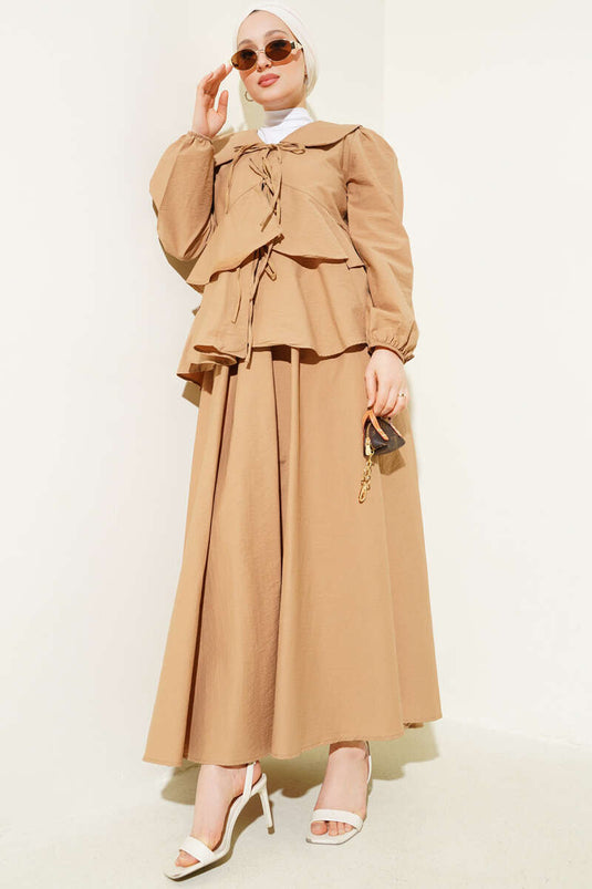 Front Rope Tied Blouse Skirted Two Piece Set Camel